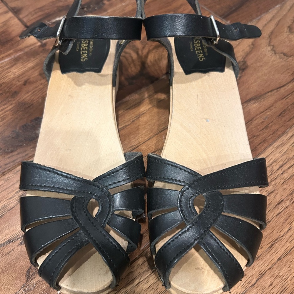 Swedish Hasbeens Black Leather Sandals